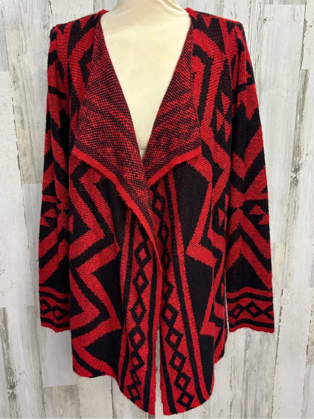 Energie Red and Black‎ Geometric Open-Front Cardigan Sweater